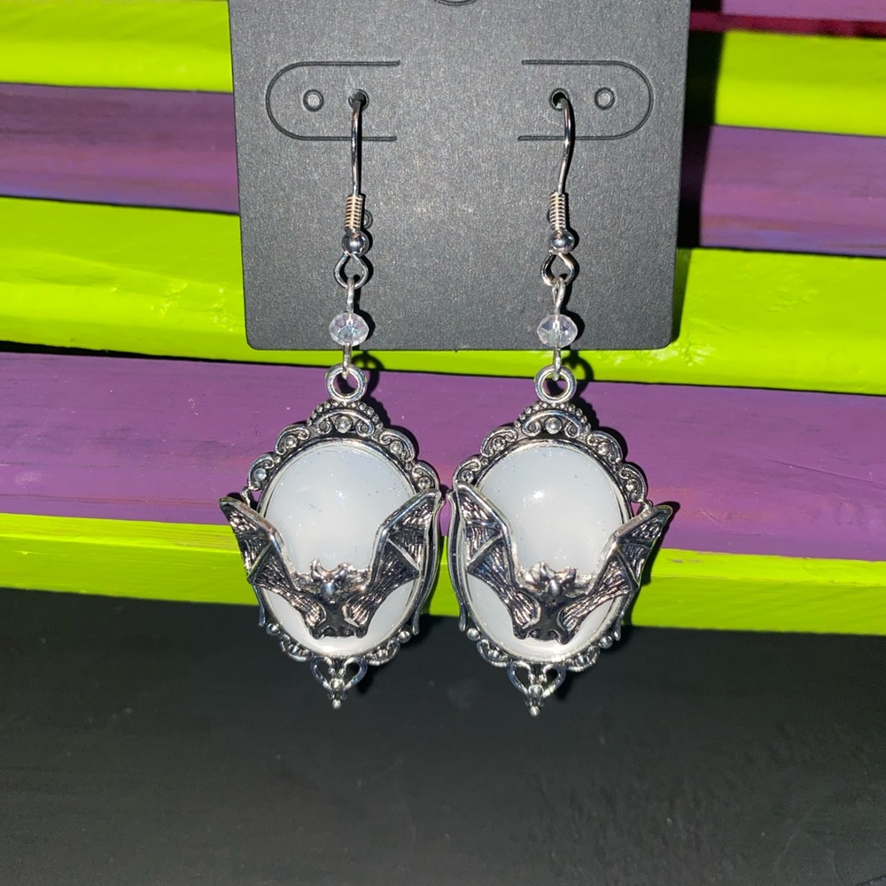 White Gothic Bat Earrings